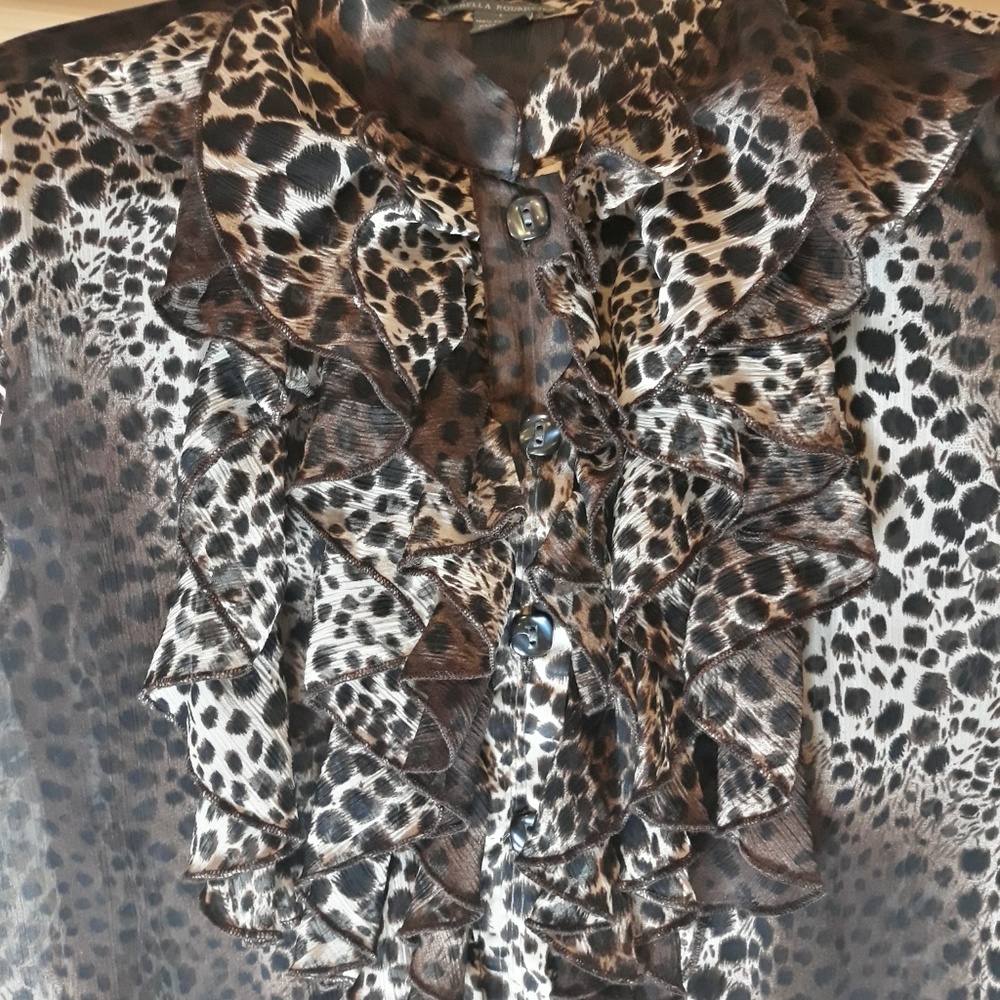 Sheer Animal Print Button Down Ruffle Blouse - Picture 5 of 6